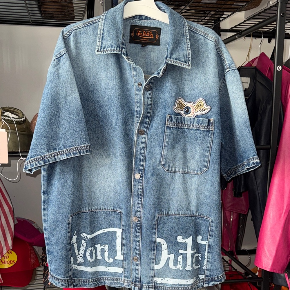 Men Von Dutch Blue Denim Button-Up Shirt